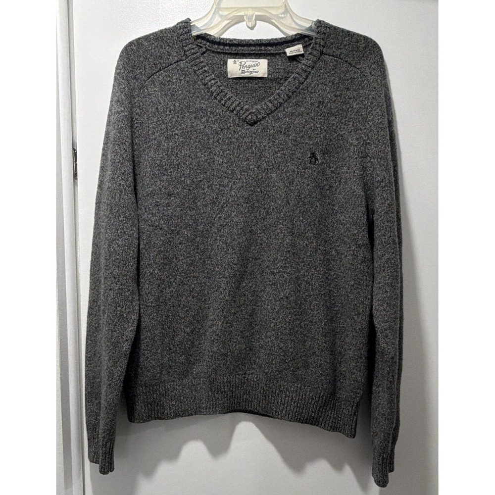 Original Penguin Men's V-Neck Sweater 100% Lambswool Gray Munsingwear XL Med/L